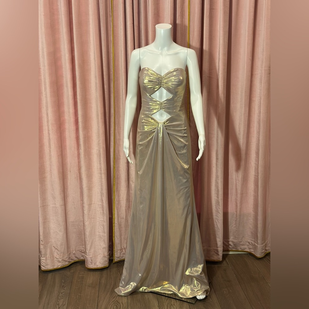 Colette by Daphne CL8545 — Metallic Cutout Long Gown, in gold, size 8. NWT